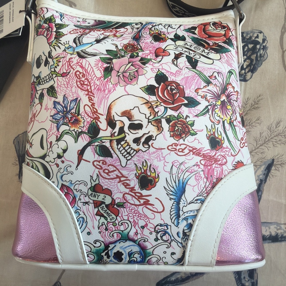 NWT Ed Hardy Y2K Style Pink Skull & Rhinestone Crossbody Bag Vegan‎ Leather - Picture 5 of 8